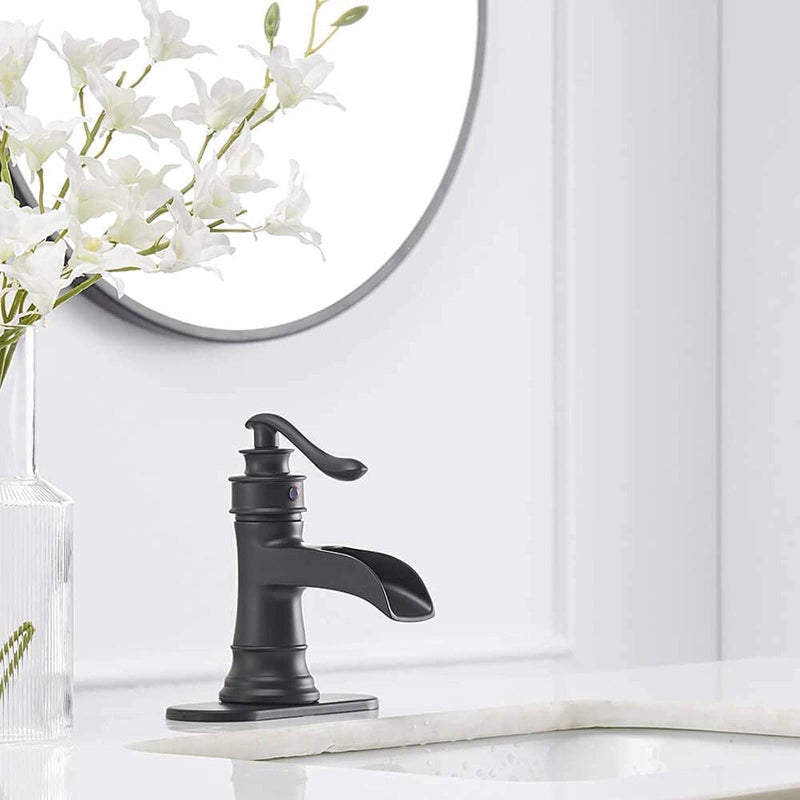 BATHFINESSE Waterfall Bathroom Sink Faucet Black Bathroom Faucet 1 Hole with Pop Up Drain Stopper Supply Hose, Matte Black - Image 3